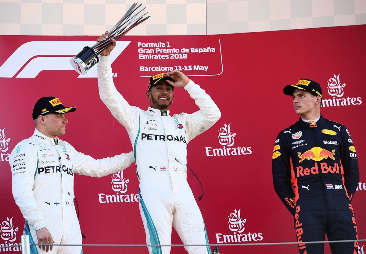 Valtteri Bottas (Mercedes), Lewis Hamilton (Mercedes) e Max Verstappen (Red Bull) - GP da Espanha de F1 2018