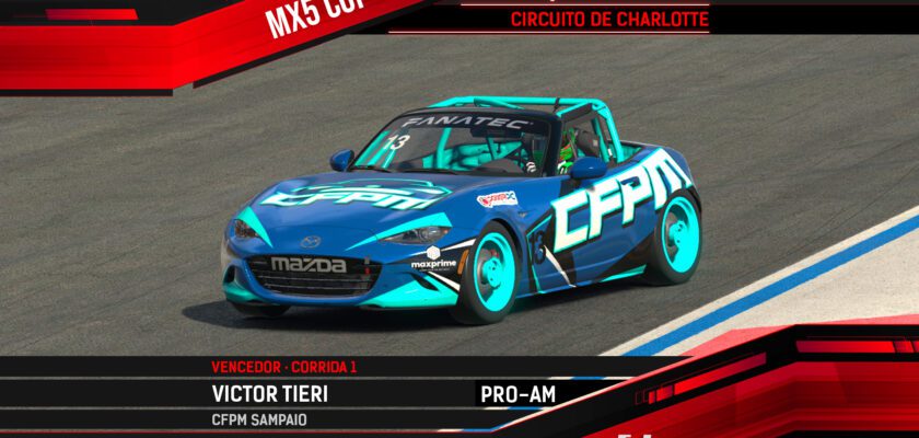 F1BC MX5 Cup: Victor Tieri e Vinicius Ferretti vencem corridas movimentadas em Charlotte