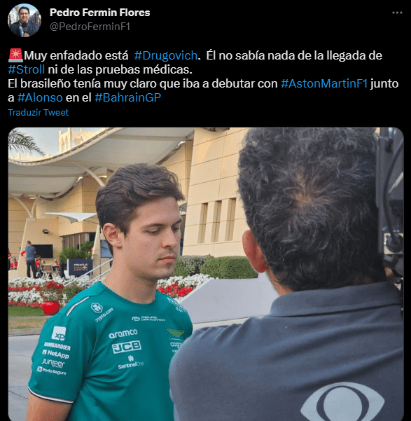 F1: Drugovich rebate com gif rumor de estar bravo por Stroll correr no GP do Bahrein