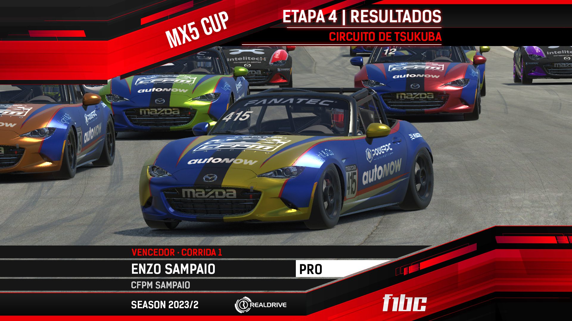 F1BC MX5 Cup: Enzo e Jamison Sampaio vencem corridas movimentadas em Tsukuba