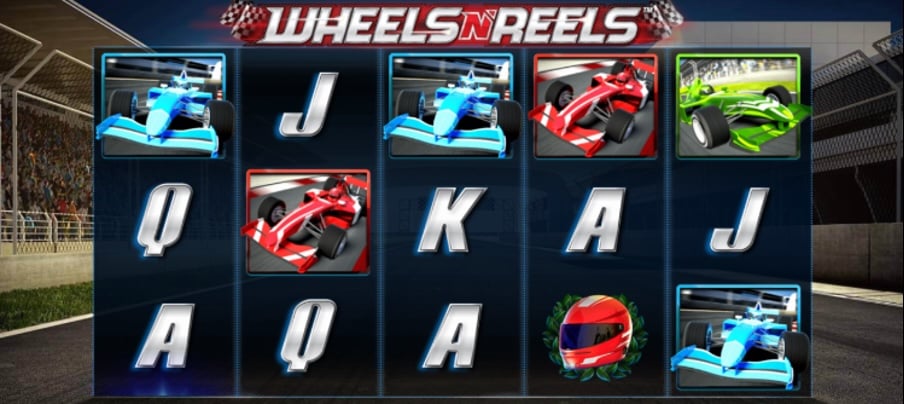 Grade de jogo do Wheels N Reels, com elementos de Fórmula 1 e letras do baralho.