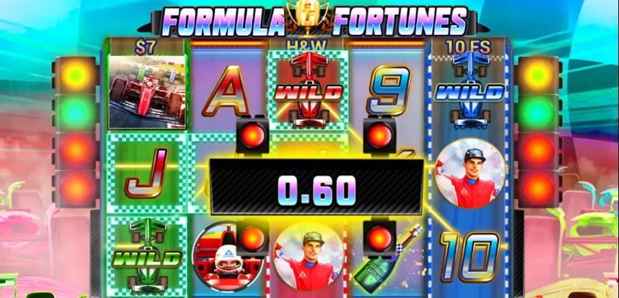 Grade de jogo do Formula Fortune, com símbolos de F1.